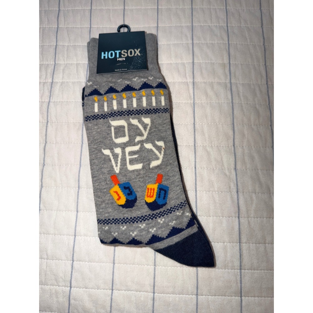 Hot Sox Mens Oy Vey Hanukkah Dreidel Menorah Crew Socks Gray Navy Blue NWT